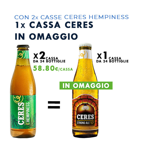 Con 2x Casse Ceres Hempiness canapa 33cl x24 in omaggio 1 Cassa Ceres Strong 33cl x24 (tot. 72 bot.)